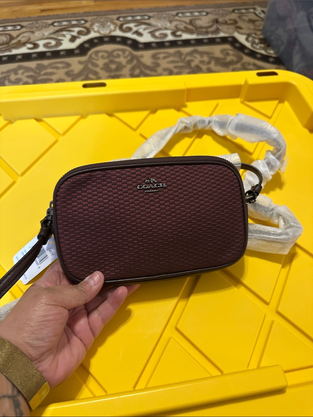 Coach womens Woven Burgundy Crossbody Camera Bag